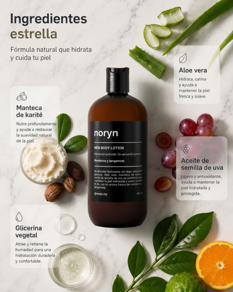Crema Corporal para Hombre de Rápida Absorción 480 ml - Hidratación Profunda Sin Sensación Grasosa - Mandarina y Bergamota