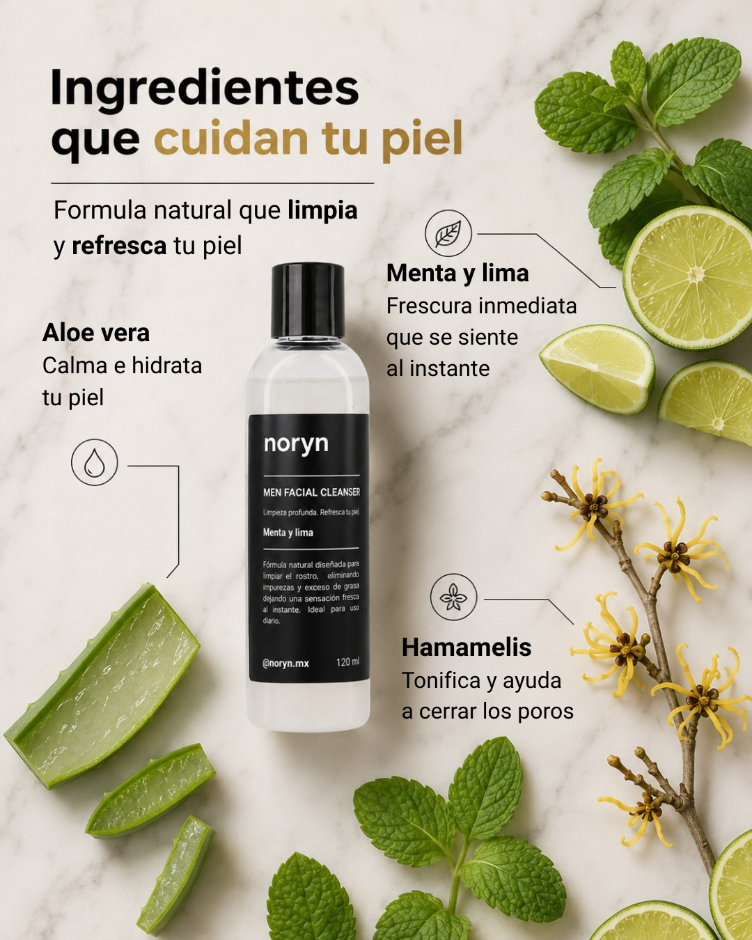 Limpiador Facial para Hombres 120 ml. Fórmula natural con menta y lima. Limpieza profunda y frescura diaria.