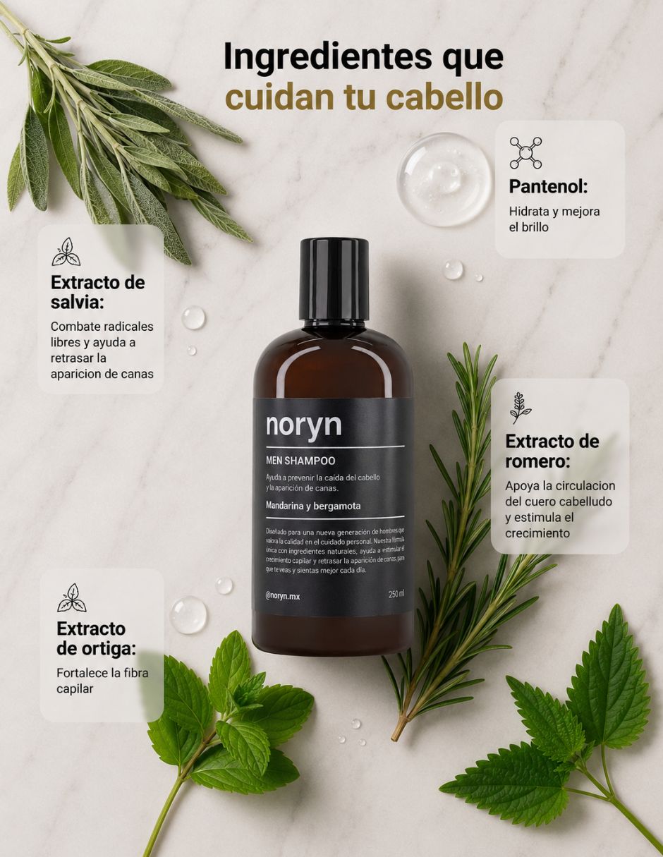 Shampoo para Hombres 250 ml. Fórmula natural mandarina y bergamota. Fortalecimiento y cuidado diario.