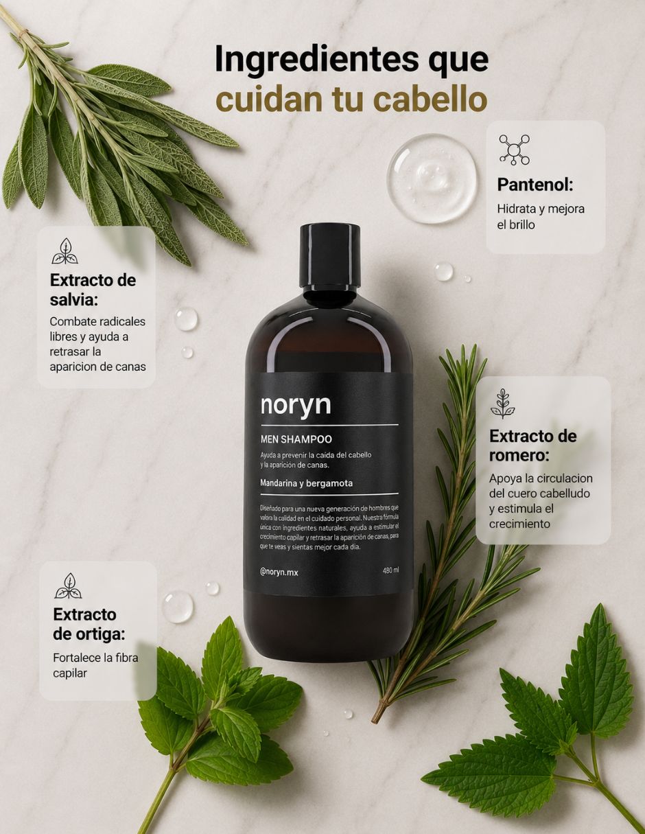 Shampoo para Hombres 480 ml. Fórmula natural mandarina y bergamota. Fortalecimiento y cuidado diario.