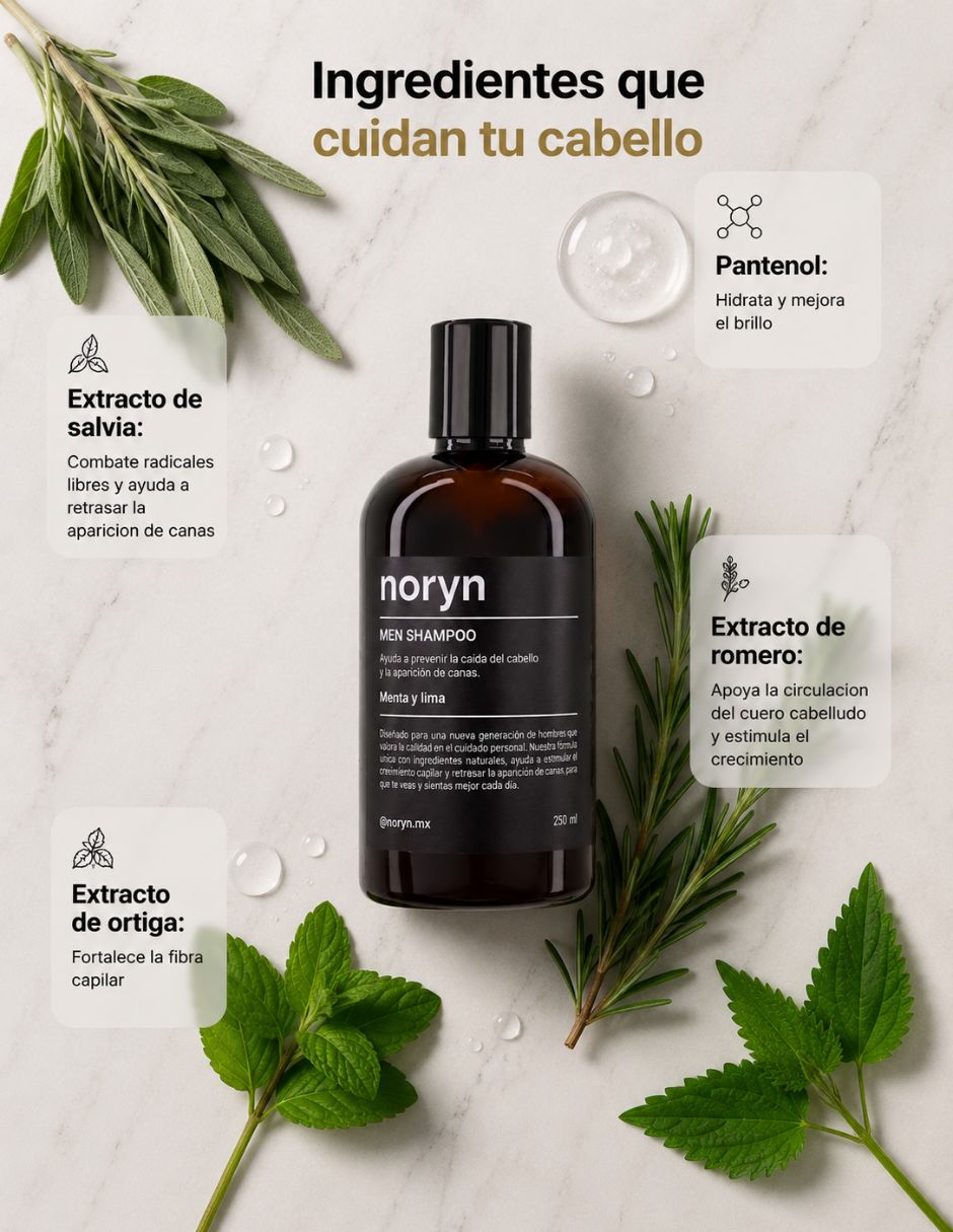 Shampoo para Hombres 250 ml. Fórmula natural menta y lima. Fortalecimiento y cuidado diario.