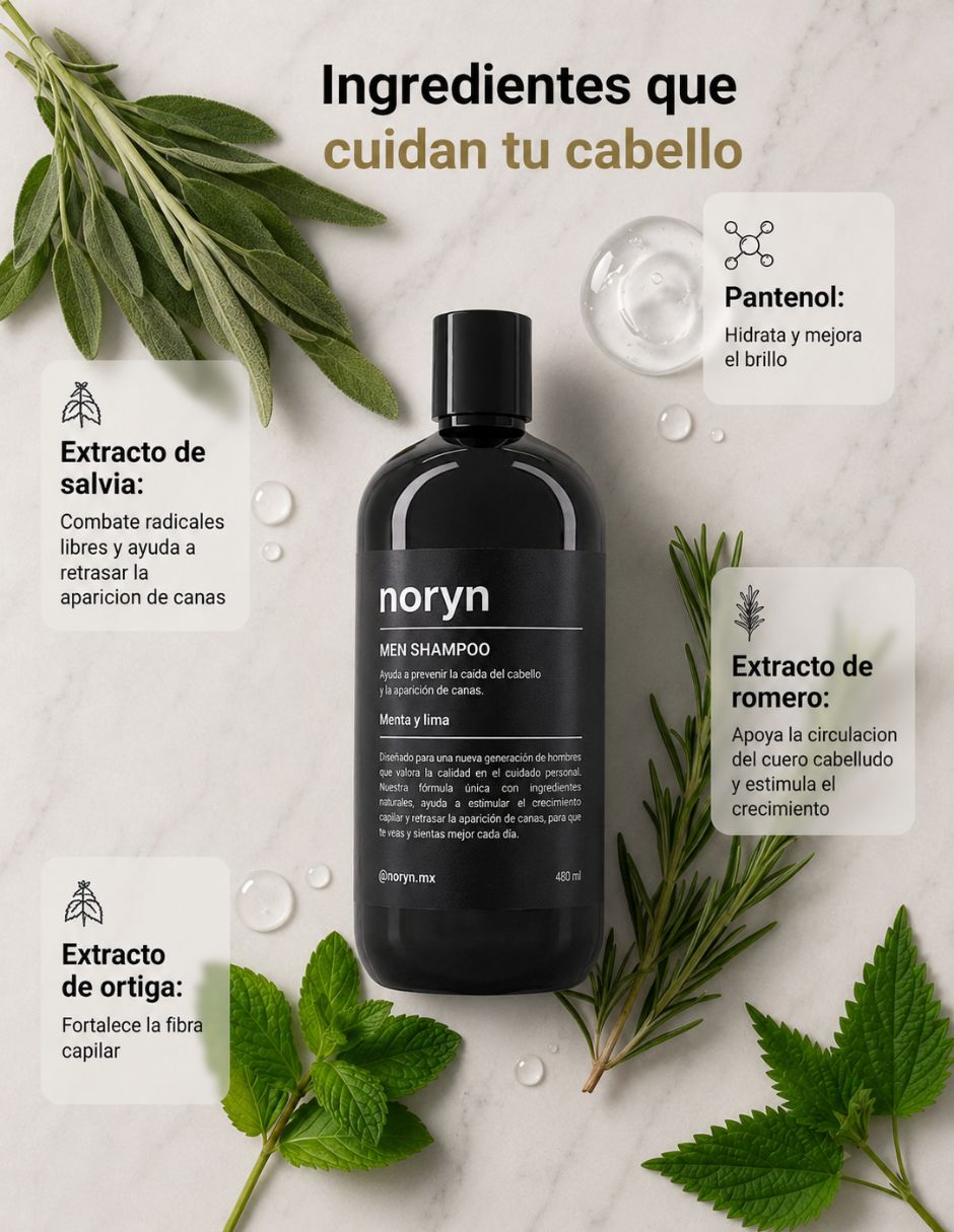 Shampoo para Hombres 480 ml. Fórmula natural menta y lima. Fortalecimiento y cuidado diario.